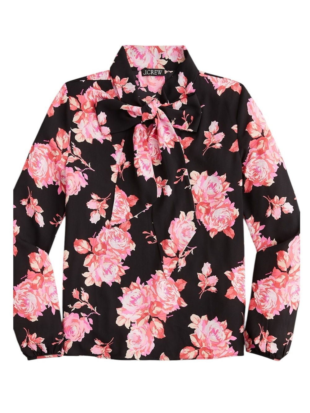 J. Crew Black Floral Tie-Neck Blouse in Pink Rose
